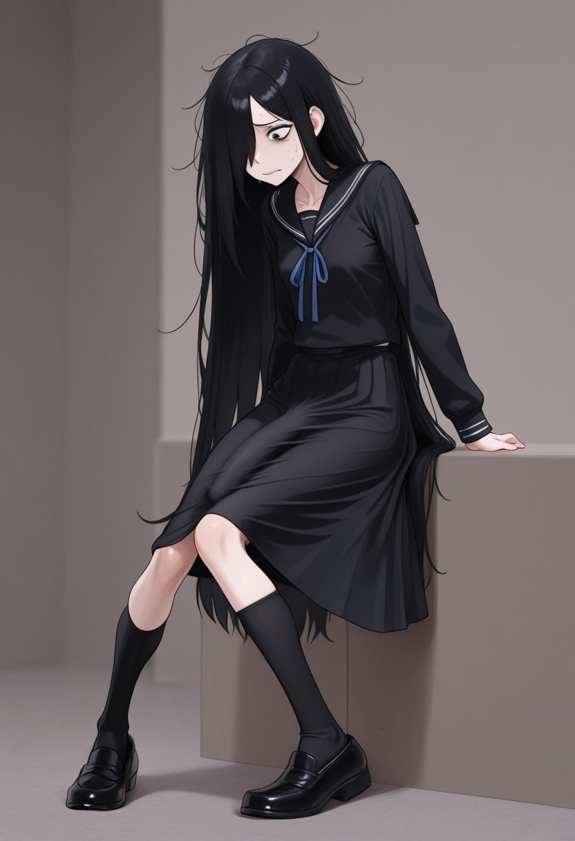 masterpiece, best quality, 4k, ((black skirt, over knee, black sailor shirt, blue ribbon)), slim girl, tall girl, small breasts, skinny girl, very long hair, straight hair, messy hair, hair over one eye, black hair, nervous, long bulge under skirt, black dress shoes, long black socks, down_bulge