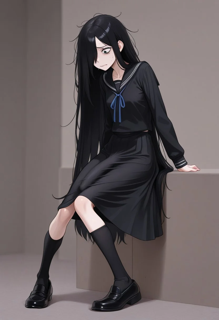 masterpiece, best quality, 4k, ((black skirt, over knee, black sailor shirt, blue ribbon)), slim girl, tall girl, small breasts, skinny girl, very long hair, straight hair, messy hair, hair over one eye, black hair, nervous, long bulge under skirt, black dress shoes, long black socks, down_bulge