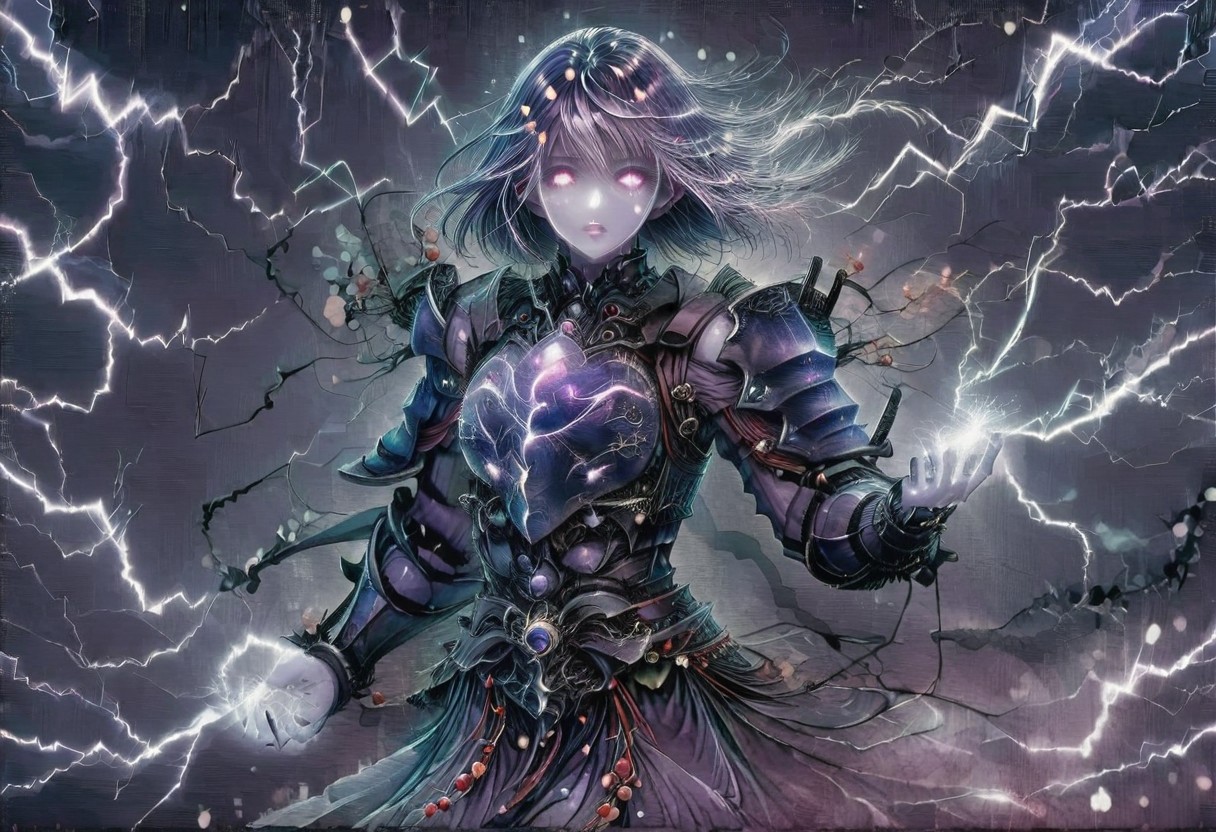 (Masterpiece:1.3), (best quality:1.2), (detailed background:1.1), (intricate details:1.1), (detailed background:1.2), 1girl, solo focus, standing, perfect anatomy, 
bleakfaith,
source_anime, night sky, dark cloud background, sky background, lightning on background, only purple lightning, purple lightning, dark purple theme,
BREAK
watercolor, chinese,traditional,
BREAK
(purple hair:1.2),(pale skin:1.3), (purple skin:1.5),1girl,solo, mysterious, vivid color, shiny, (short purple hair), bob cut hair, purple eyes,glowing purple pupils,
laugh arrogantly,
BREAK
armor(dark suit,armor, animal chest plate), lightning, dark purple thunder, chinese style, 
spraks in hand,
BREAK
looking at the viewer, front view, full view,
best quality, ultra-detailed, absurdres, detail face, best quality, hires textures, high detail, (4k),incredibly detailed
NegativeDynamics,