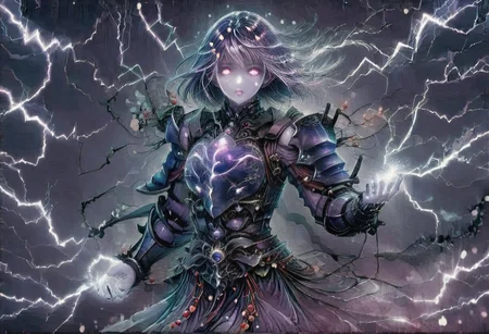 (Masterpiece:1.3), (best quality:1.2), (detailed background:1.1), (intricate details:1.1), (detailed background:1.2), 1girl, solo focus, standing, perfect anatomy,
bleakfaith,
source_anime, night sky, dark cloud background, sky background, lightning on background, only purple lightning, purple lightning, dark purple theme,
BREAK
watercolor, chinese,traditional,
BREAK
(purple hair:1.2),(pale skin:1.3), (purple skin:1.5),1girl,solo, mysterious, vivid color, shiny, (short purple hair), bob cut hair, purple eyes,glowing purple pupils,
laugh arrogantly,
BREAK
armor(dark suit,armor, animal chest plate), lightning, dark purple thunder, chinese style,
spraks in hand,
BREAK
looking at the viewer, front view, full view,
best quality, ultra-detailed, absurdres, detail face, best quality, hires textures, high detail, (4k),incredibly detailed
NegativeDynamics,