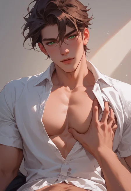 score_9, score_8_up, score_8, 1boy, 20 years old, handsome, horny, short brown hair, green eyes, Seductive look, white tshirt, medium chest, one pec out, pec grab, pov from below, lucy heartfilia, gay, homoerotic,