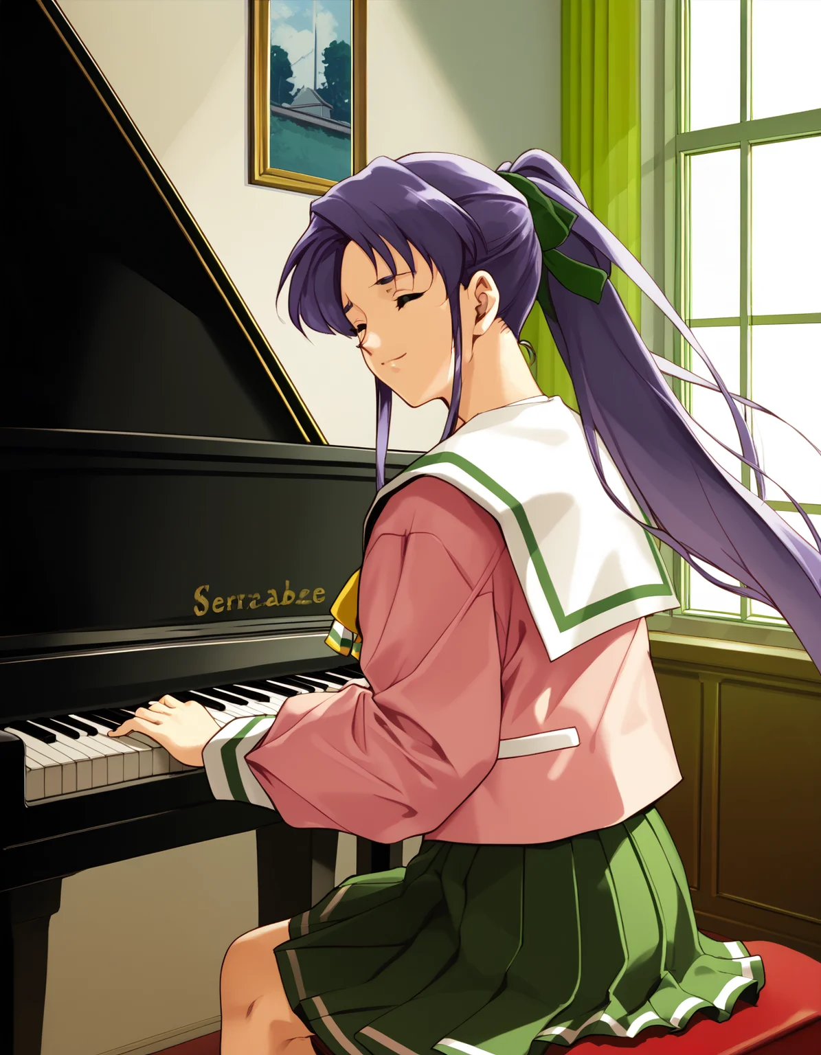 score_9,  score_8_up, score_7_up, <lora:shuusaku-v2-ponyxl-000016:0.9> takabe, purple hair, hair ribbon, serafuku, pink shirt, pleated skirt, green skirt,
1girl, solo, closed eyes, light smile, window, sunbeam
<lora:grandpiano-concept-richy-v1_pdxl:0.6> grand piano, playing piano, from side