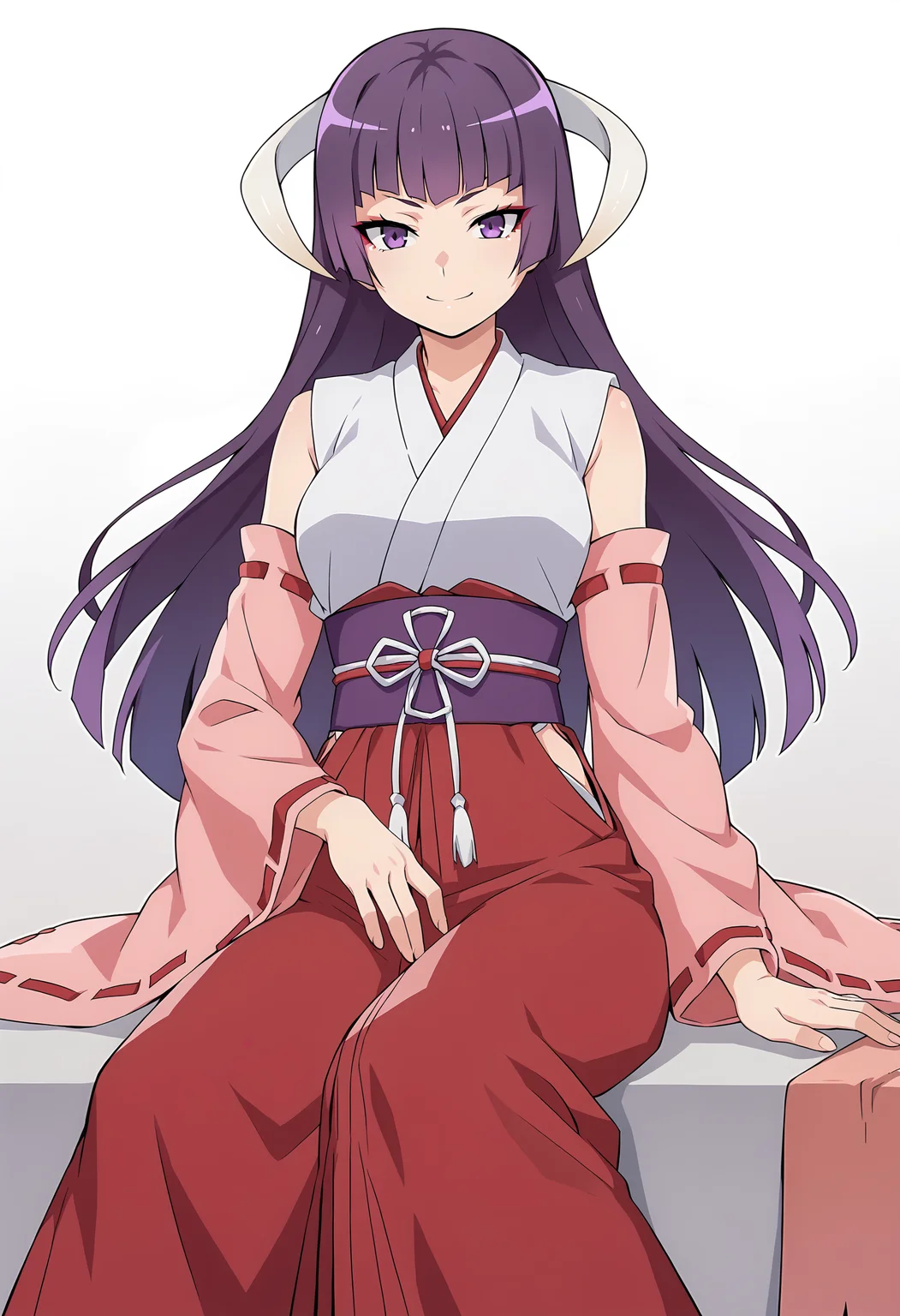 score_9, score_8_up, score_7_up, source_anime, eua, 1girl, solo, japanese clothes, detached sleeves, purple eyes, long hair, purple hair, hakama, hakama skirt, red hakama, horns, skirt, hime cut, miko, smile, looking at viewer, <lora:Eua xl pony:0.7>, white horns, gradient background, gray background, simple background, sitting