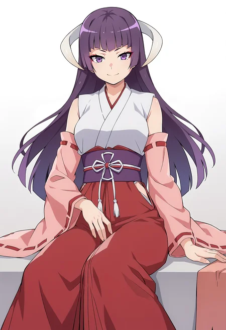 score_9, score_8_up, score_7_up, source_anime, eua, 1girl, solo, japanese clothes, detached sleeves, purple eyes, long hair, purple hair, hakama, hakama skirt, red hakama, horns, skirt, hime cut, miko, smile, looking at viewer, <lora:Eua xl pony:0.7>, white horns, gradient background, gray background, simple background, sitting