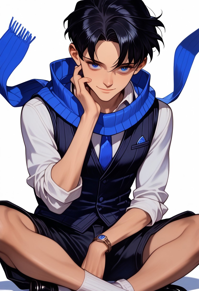 (score_9, score_8_up:1.1), score_7_up, masterpiece, perfect face, beautiful face, perfect hands, beautiful hands, <lora:DemianLimbus:1>, DemianLimbus, solo, smile, short hair, simple background, shirt, black hair, 1boy, white background, blue necktie , sitting, closed mouth, white shirt, male focus, shorts, socks, necklace, scarf, black footwear, dark blue eyes, vest, black shorts, white socks, blue scarf