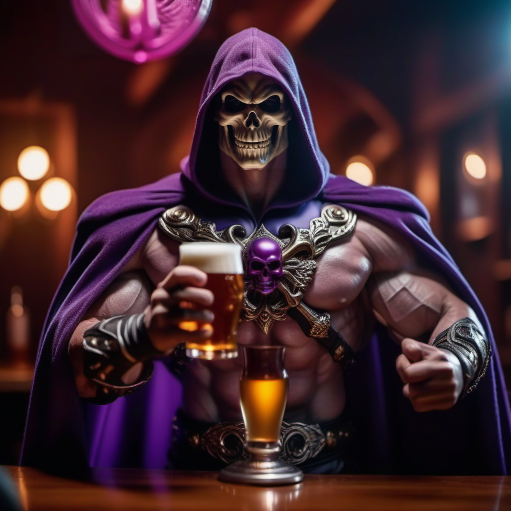 cinematic photo a muscular man, purple cape, cloak, holds a club, having a beer in a pub <lora:Skeletor1024-000190:0.8> . 35mm photograph, film, bokeh, professional, 4k, highly detailed