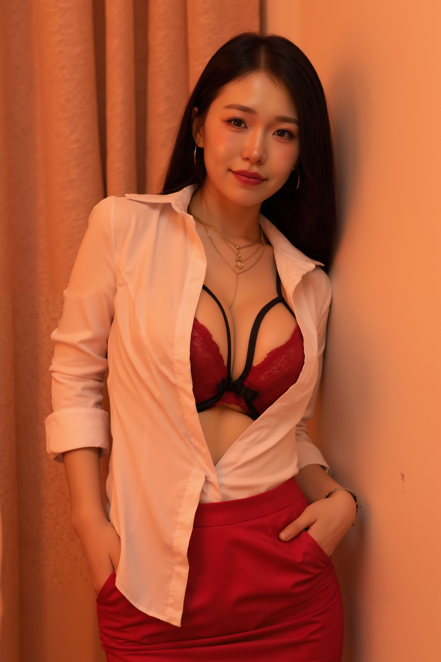 A professional, high-resolution image of a young woman in a casual leaning pose against a textured wall. Her shoulders rest against the surface with one foot crossed over the other, creating a relaxed triangular stance. One hand rests in her pocket while the other hangs naturally, conveying an approachable yet sophisticated mood.

She is wearing SGWN13Clothing, a white blouse that reveals a red lace bra with black straps, red mini skirt and black stockings.

The lighting features a high-contrast, monochromatic white color scheme that creates a moody, intimate atmosphere. 

The photography technique uses what appears to be soft lighting to create a glamorous effect, with careful attention to highlighting contours while maintaining the dominant orange color scheme throughout the frame.

The overall aesthetic combines elements of fashion photography, traditional Asian visual motifs, and contemporary boudoir styling. The dramatic orange lighting creates a cohesive visual theme that ties all elements of the composition together.

The white light emit on her to show her feature.