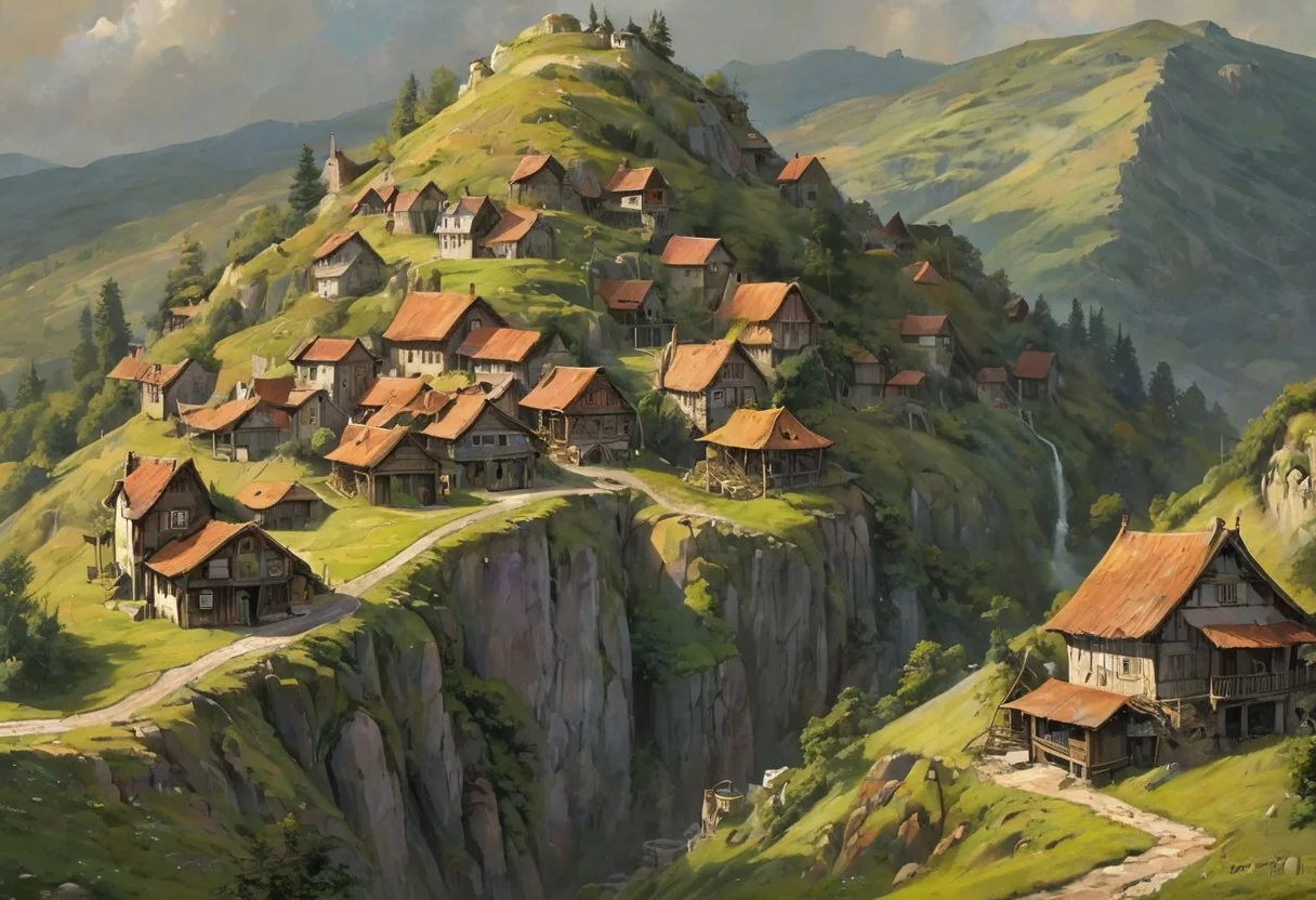 a series of hills with homes built into them, romantic impressionism, dream scenery art, beautiful oil matte painting, romantic, beautiful digital painting, anime landscape, romantic painting, dreamlike digital painting, colorful painting, thick brushstrokes characteristic, rough stroke, beautiful gorgeous digital art, style Karol Bok, Brian Froud, Wendy Froud, Guy Davis, Sergio Sandoval