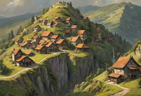 a series of hills with homes built into them, romantic impressionism, dream scenery art, beautiful oil matte painting, romantic, beautiful digital painting, anime landscape, romantic painting, dreamlike digital painting, colorful painting, thick brushstrokes characteristic, rough stroke, beautiful gorgeous digital art, style Karol Bok, Brian Froud, Wendy Froud, Guy Davis, Sergio Sandoval