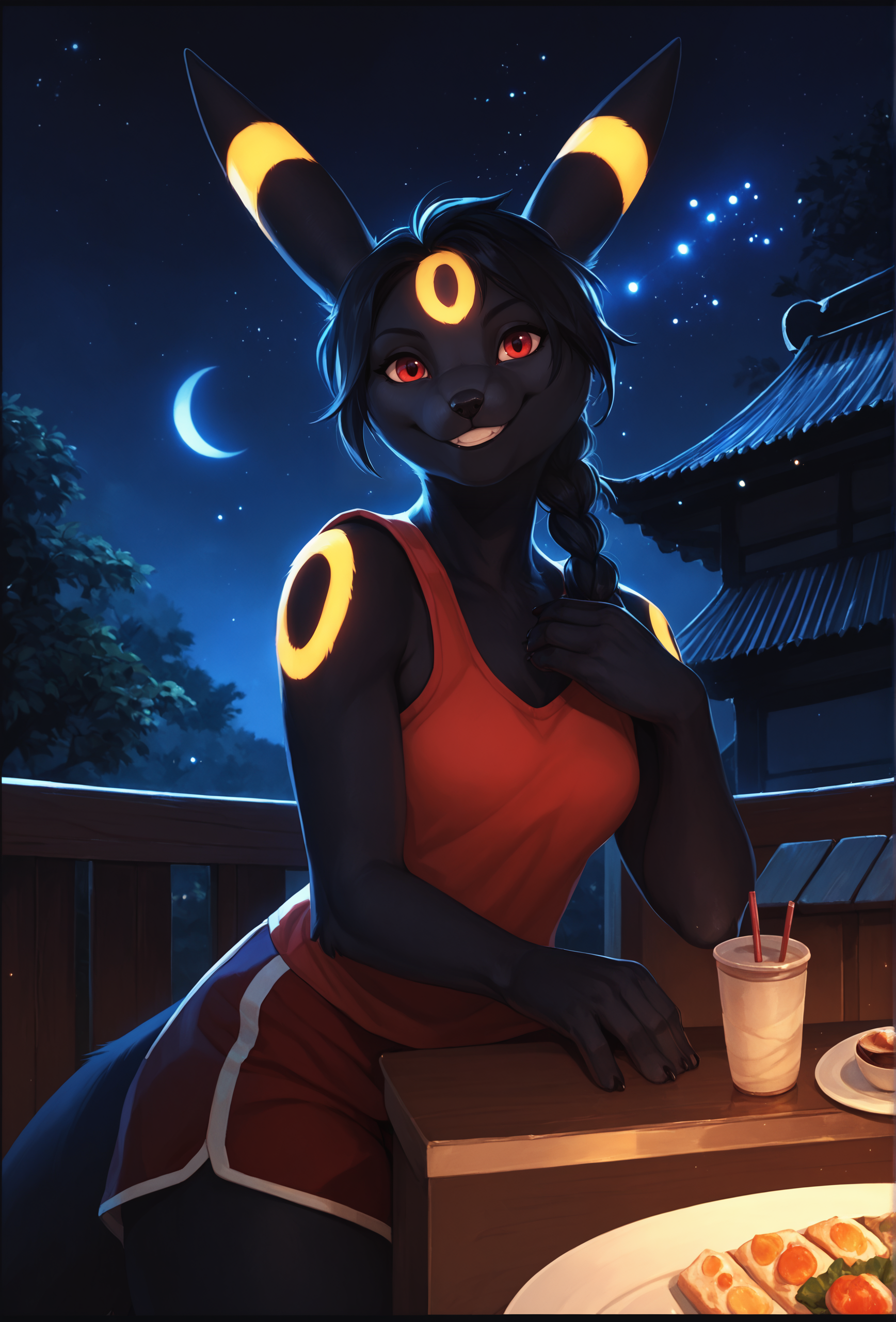 score_9, score_8_up, score_7_up, score_6_up, score_5_up, score_4_up,  <lora:oouna_style_ponyxl_v1.2_locon:1> oounastyle, cafe,east asian architecture, night, starry sky (black background:1.1), english text, character name
1girl, furry, solo, looking at viewer, umbreon,  front braid, medium hair, vest, dolphin shorts, animal feet, laying,on stomach, low angle, red eyes, smile, black hair, sidelocks