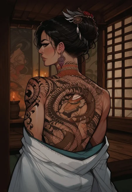 safe_pos, score_9, score_8_up, score_7_up, western cartoon, (((1girl, Asian,cheekbones, attractive woman,bare shoulders,seductive, Long Hair, Fine Hair, black hair, intricate hair style,))), in a Japanese bathhouse, inside, light skin, looking back, back tattoo, tattoo on back, tattoo extended to arms, upper body, hannya tattoo, back tattoo, view from behind, kimono, black and grey tattoo, dragon tattoo on back, dragon tattoo,