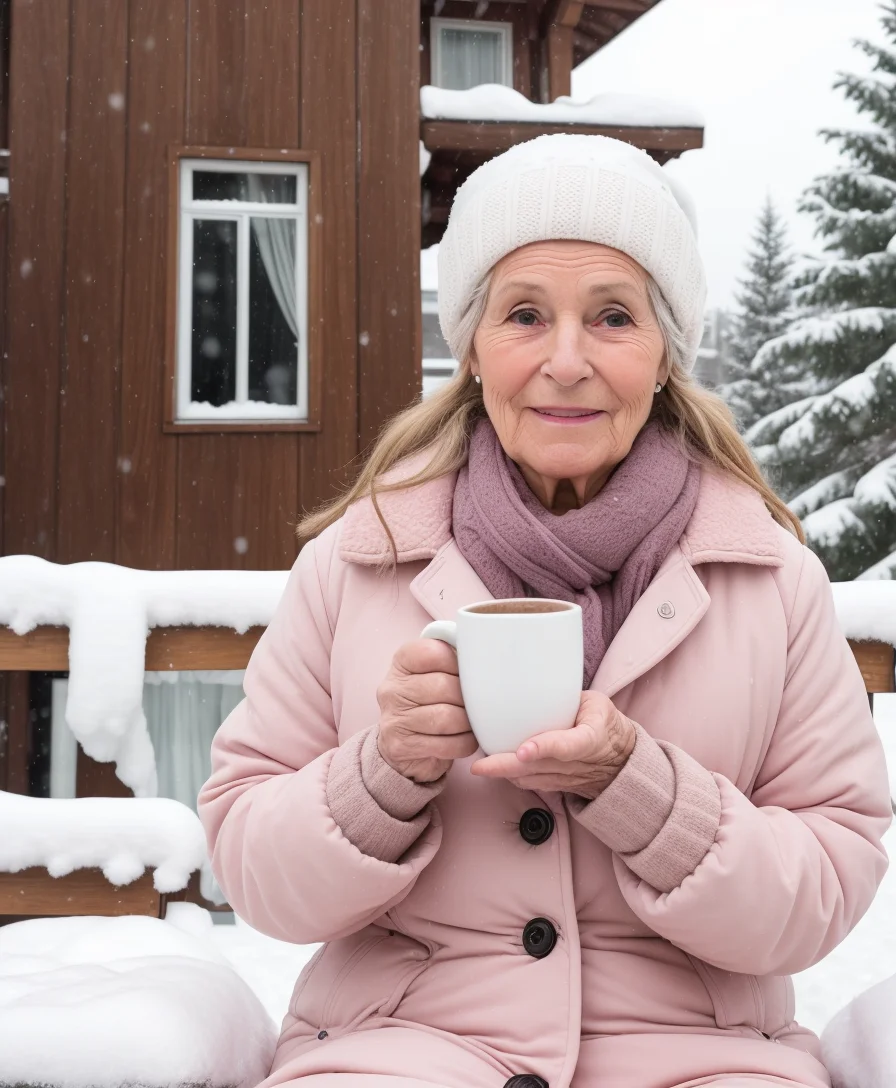 portrait photograph of a 70 year old woman holding a cup of hot chocolate on a balcony, winter snow, bench, pine trees, serene, pink coat,icicles, frost, snowfall, medium shot