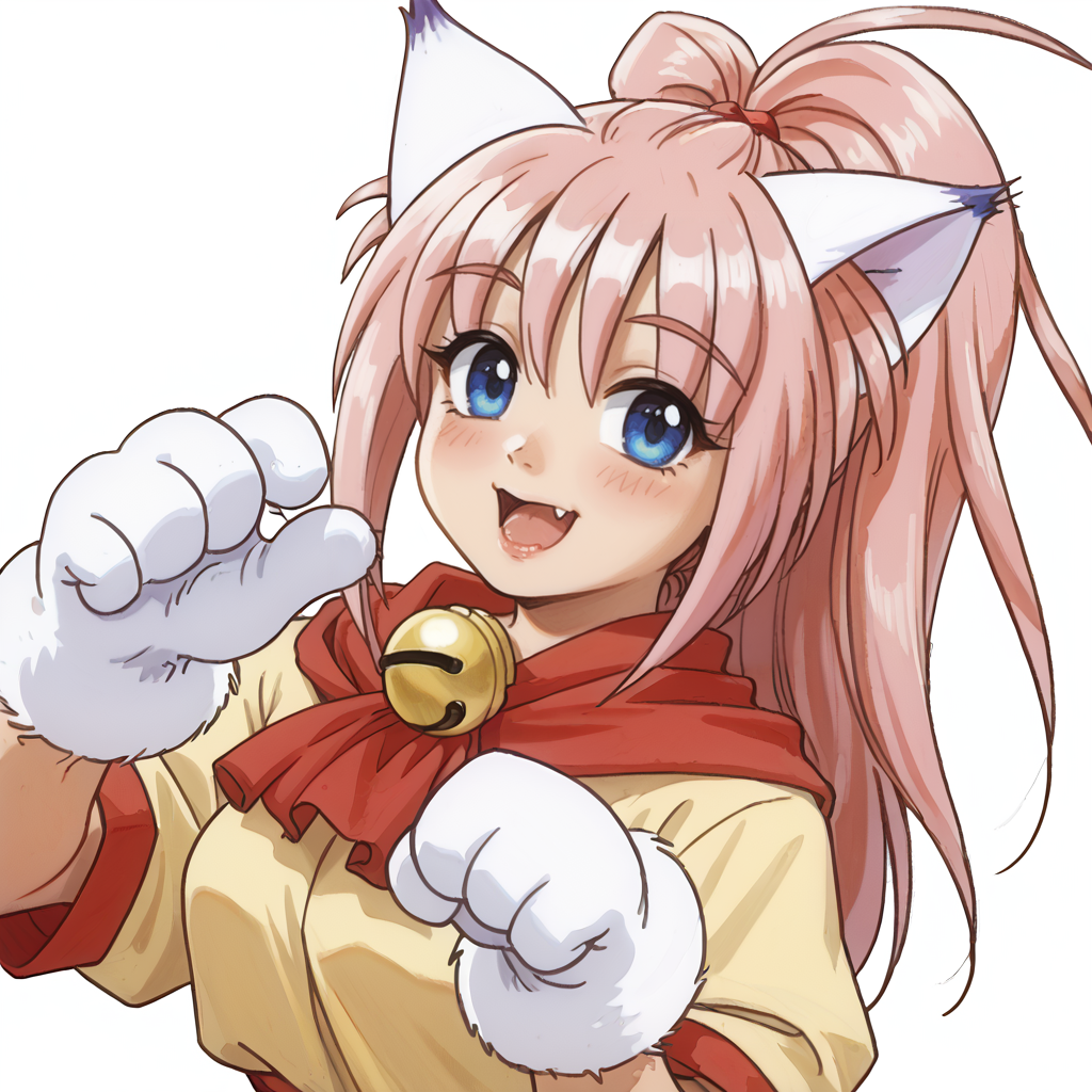 score_9, score_8_up, score_7_up,  absurdres, source_anime, 1girl, solo, beautiful eyes, detailed eyes, (white background, simple background:1.3),  from below ,  arms raised in the air, extend arms straight out ,
 Melody_Sinclair,   paw gloves, paw shoes, cat tail,  large breasts, 
smile, open mouth,  fang, highlights,
pink leotard,yellow dress,yellow skirt,red sash,red scarf,tail ribbon,neck bell,
 <lora:PerfectEyesXL:1> perfecteyes,  <lora:Melody_Sinclair_v1_rev3-000040:0.8>