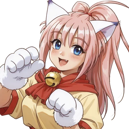 score_9, score_8_up, score_7_up, absurdres, source_anime, 1girl, solo, beautiful eyes, detailed eyes, (white background, simple background:1.3), from below , arms raised in the air, extend arms straight out ,
Melody_Sinclair, paw gloves, paw shoes, cat tail, large breasts,
smile, open mouth, fang, highlights,
pink leotard,yellow dress,yellow skirt,red sash,red scarf,tail ribbon,neck bell,
<lora:PerfectEyesXL:1> perfecteyes, <lora:Melody_Sinclair_v1_rev3-000040:0.8>