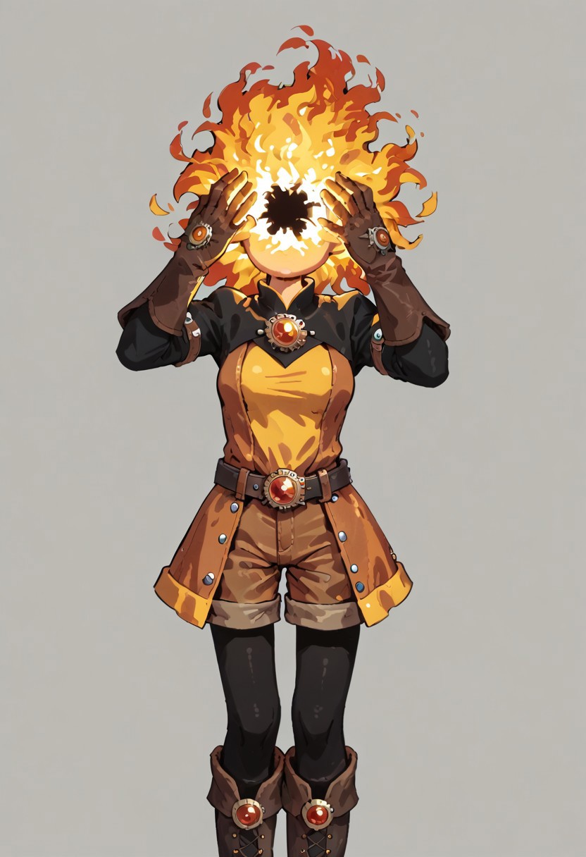 score_9, score_8_up, score_7_up, solo,
lord_of_frenzy, fire head,
novakin, faceless, no eyes, no mouth, no nose, no facial features, short fiery yellow orange hair, body made of black plasma,
open hands, hands on face front,
hands on own head, 
magical girl outfit, (steampunk dress:1.1), boots, (brown shorts:1.1), black tights, medium breasts, belt, gloves, 
(headache:1.1), (mad:1.1), (lean back:1.1), (dynamic pose:1.2), head up, head tilt, 
simple background, grey background,
in yoshidanatsumi artstyle