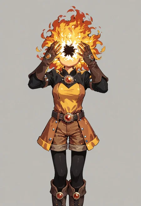 score_9, score_8_up, score_7_up, solo,
lord_of_frenzy, fire head,
novakin, faceless, no eyes, no mouth, no nose, no facial features, short fiery yellow orange hair, body made of black plasma,
open hands, hands on face front,
hands on own head,
magical girl outfit, (steampunk dress:1.1), boots, (brown shorts:1.1), black tights, medium breasts, belt, gloves,
(headache:1.1), (mad:1.1), (lean back:1.1), (dynamic pose:1.2), head up, head tilt,
simple background, grey background,
in yoshidanatsumi artstyle