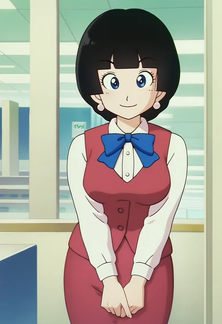 score_9, score_8_up, score_7_up, score_6_up, anime screencap, anime coloring, <lora:DBExtraGirl13:0.9>, DBExtraGirl13IDA, blue eyes, black hair, short hair, blunt bangs, earrings, breasts,
blue bowtie, purple vest, white shirt, pencil skirt,
looking at viewer, smile, cowboy shot, v arms, 
BREAK indoors, airport, desk, against wall,