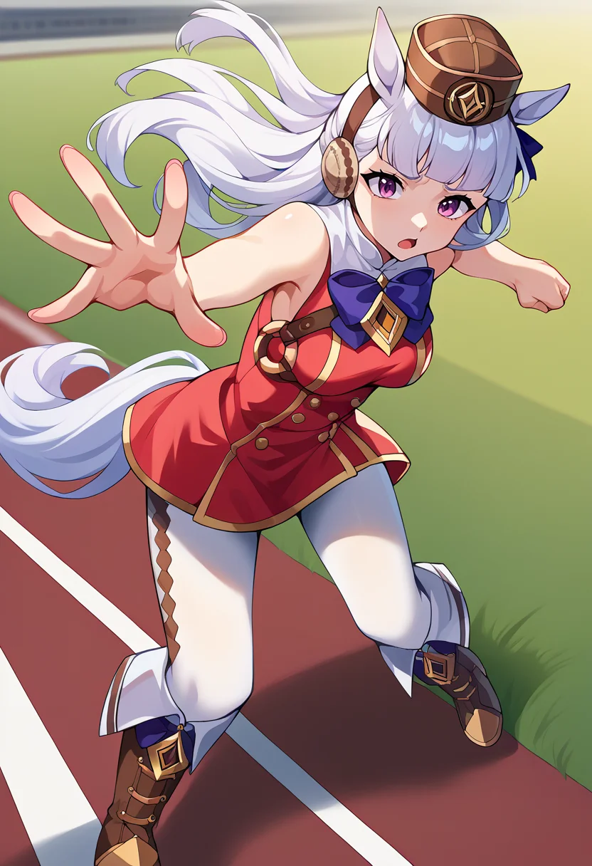 score_9, score_8_up, score_7_up, source_anime BREAK 1girl, <lora:ett-artist-richy-v1_xl:1> <lora:umamusume_goldship_ponyXL:1> umpdgoldship, horse tail, pillbox hat, red dress, bow, sleeveless, white pantyhose, boots, tripping, leaning forward, worried, looking down, outdoors, running track, running, reaching towards viewer, falling