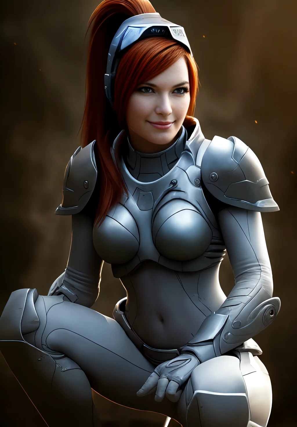 <lora:Sarah_Kerriganv2:0.8>, Sarah_Kerrigan, 1girl, solo, smirk, realistic, headgear, armor, upper body, covered navel, ((beautiful, masterpiece, best quality,perfect lighting,)) one knee,