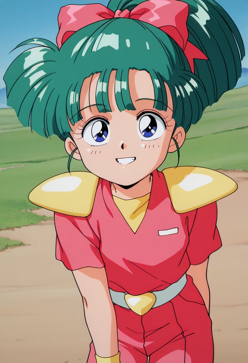 score_9, score_8_up, score_7_up, source_anime,masterpiece, best quality, retro_artstyle, 1990s_\(style\),official art,a little girl,solo, Himiko,Mashin_Hero_Wataru,blue_eyes,green_hair,hair_bow,ponytail,deep-pink_ninja_outfit_heightening,short_sleeves,golden_shoulder_pads,white belt,(detailed face and eyes,grin_smile:1.2), looking at viewer,(cowboy shot),outdoor,sky