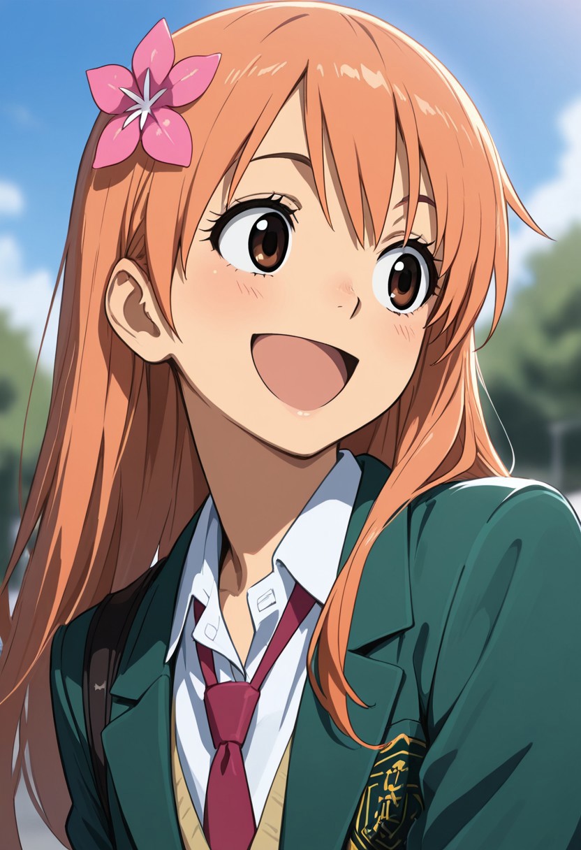 ,masterpiece, very aesthetic,8k,masterpiece, best quality, yukahana, hairflower, bezzschooloutfit, green jacket necktie, 1girl, hair ornament, solo, open mouth, flower, hair flower, smile, orange hair, brown eyes, long hair, school uniform, sky, :d, 
, impressionism 1.5, high detail, depth of field, blurred background, dramatic lighting