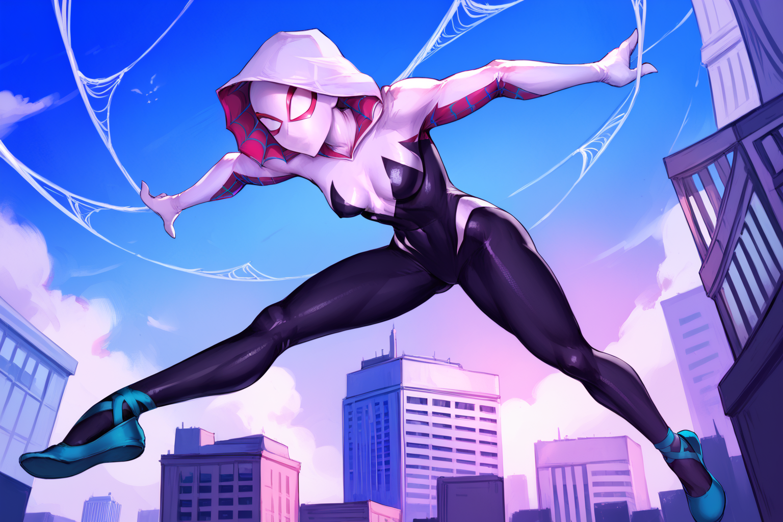 score_9, score_8_up, score_7_up, masterpiece, high quality, BREAK
 <lora:Ghost SpiderPonyLoRA:1>Spdrgwn, mask, hood up, hooded bodysuit, ballet slippers, white silk, spiderweb, attacking, midair, jumping, in a city at night