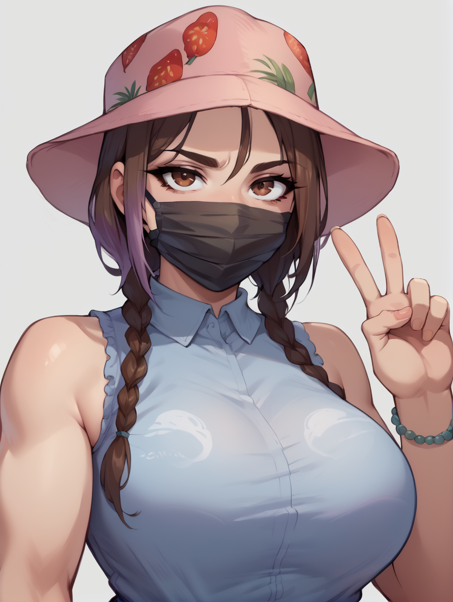 score_9, score_8_up, score_7_up, rating_explicit, zPDXL2, zPDXLxxx, zPDXL3, source_anime,
 <lora:Nimu:1>, Nimu, 1girl, solo, breasts, looking at viewer, large breasts, brown hair, shirt, hat, brown eyes, jewelry, upper body, braid, sleeveless, twin braids, bracelet, sleeveless shirt, v, mask, mouth mask, food print,
