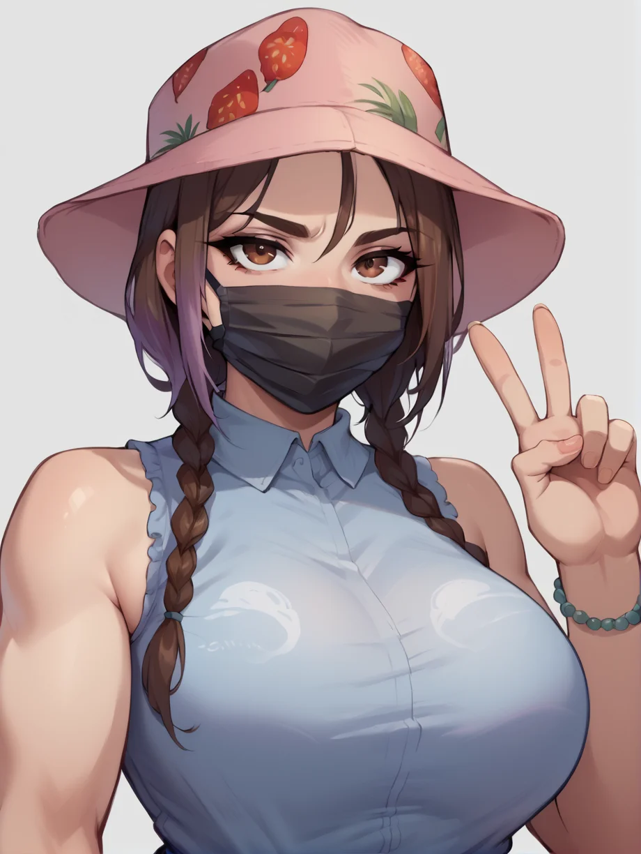 score_9, score_8_up, score_7_up, rating_explicit, zPDXL2, zPDXLxxx, zPDXL3, source_anime,
<lora:Nimu:1>, Nimu, 1girl, solo, breasts, looking at viewer, large breasts, brown hair, shirt, hat, brown eyes, jewelry, upper body, braid, sleeveless, twin braids, bracelet, sleeveless shirt, v, mask, mouth mask, food print,