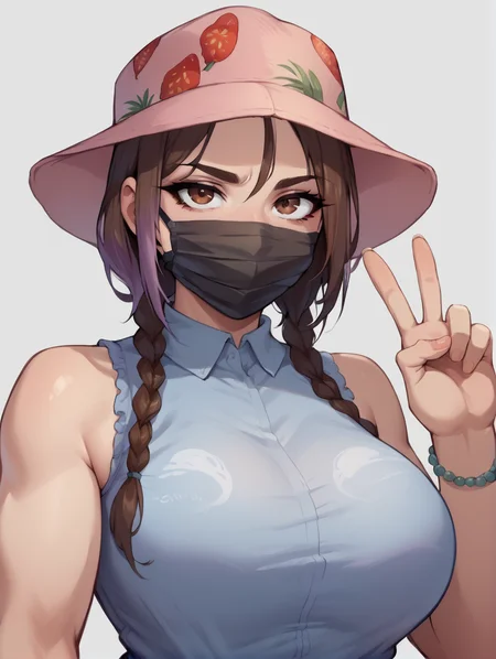 score_9, score_8_up, score_7_up, rating_explicit, zPDXL2, zPDXLxxx, zPDXL3, source_anime,
<lora:Nimu:1>, Nimu, 1girl, solo, breasts, looking at viewer, large breasts, brown hair, shirt, hat, brown eyes, jewelry, upper body, braid, sleeveless, twin braids, bracelet, sleeveless shirt, v, mask, mouth mask, food print,