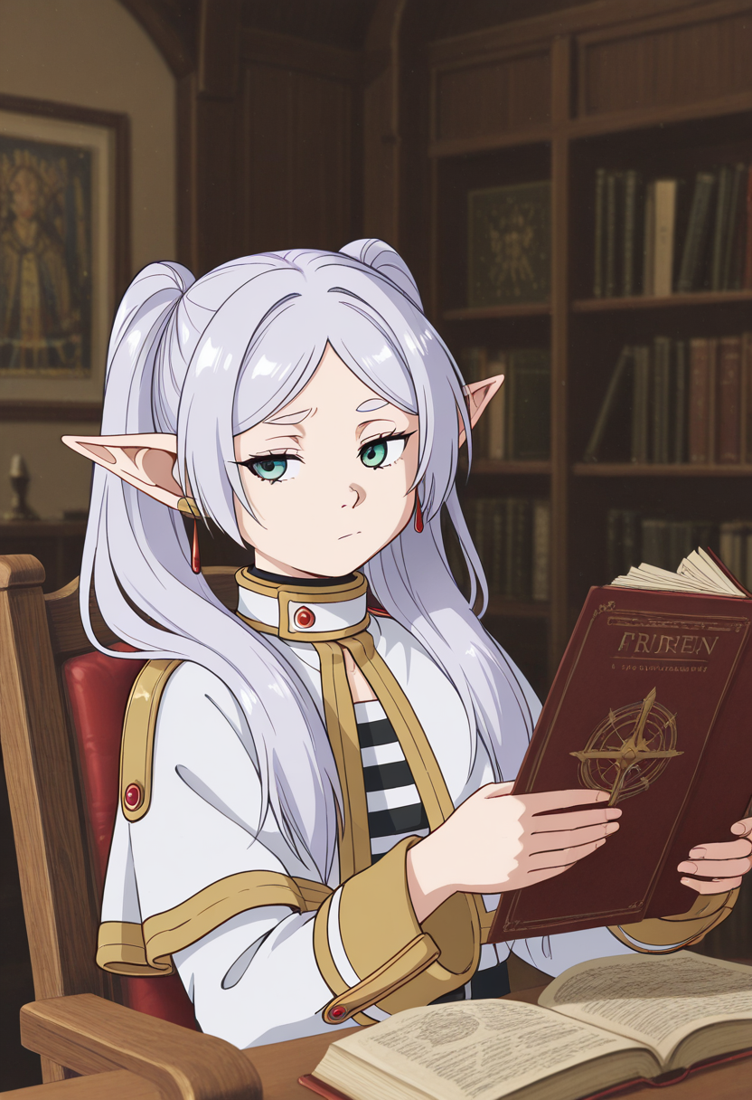 masterpiece, best quality, Graphic Design, color art, vibrant colors, colorful, intricate details, high contrast, detailed background, beautiful detailed, beautiful face, detailed eyes, detailed face, new, tljwan, raised eyebrow, holding, book, 1girl, solo, frieren, upper body, room, sitting, chair, 
