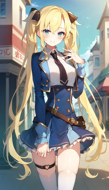 score_9,score_8_up,score_7_up,score_6_up BREAK official art,solo,outdoors,cowboy shot,looking at viewer,facing viewer,smile,blush,Regina Mercedes,very long hair,blonde hair,twintails,hair ribbon,black ribbon,sidelocks,hair between eyes,bangs,blue eyes,blue jacket,cropped jacket,open jacket,wing collar,black necktie,white shirt,collared shirt,dress shirt,long sleeves,medium breasts,double-breasted,white belt,blue skirt,high-waist skirt,pleated skirt,frilled skirt,thigh strap,white thighhighs,zettai ryouiki,mary janes,black footwear,<lora:Regina Mercedes(sgmt)-Pony:1.2>,