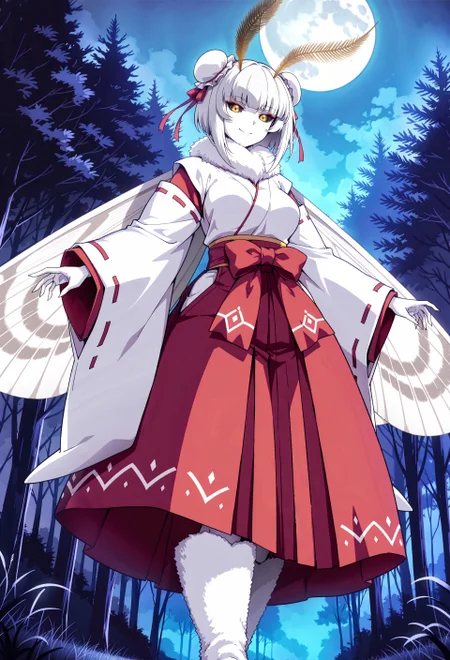 safe_pos, (masterpiece, best quality), anime coloring,
1girl, moth girl, arthropod girl, monster girl, silver hair, hime cut, short hair, double bun, bun cover for double bun, red hair ribbon, white skin, yellow eyes, black sclera, red eyeshadow, japanese clothes, white sleeves, long sleeves, wide sleeves, white kimono, red hakama, medium breasts, smile, moth antennae, feather antennae, neck fur, fur collar, white fur, white wings, moth wings, white fur boots
BREAK
outdoors, night, forest, moon