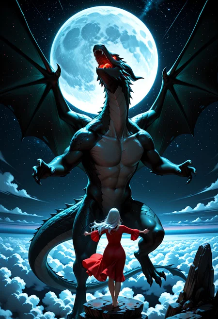 Smooth Quality, 1girl, long hair, red dress, floating dress, barefoot, outstretched arms, facing away, standing on a tall rock formation top, dragon, glowing eyes, above clouds, horizon, starry sky, night sky, scenery, giant moonβββ