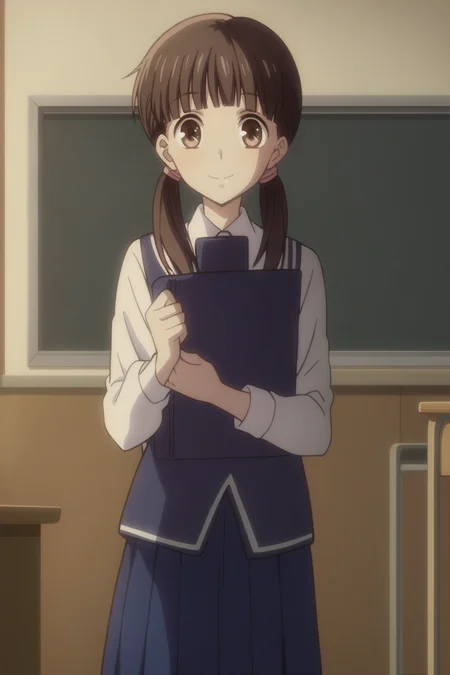 score_9, score_8_up, score_7_up, source_anime,anime screencap,anime coloring,
<lora:Tohru_Honda:1>1girl, solo, brown hair, brown eyes, blunt bangs, Young Tohru, low twintails, School uniform,
inside a classroom
full body shot, looking at the viewer, mouth open, smiling, happy girl