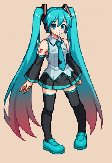 score_9, score_8_up, score_7_up, source_anime, BREAK, solo, 1girl, smile, looking at viewer, <lora:Arcana-Heart-Sprites-pdxl_Fp:1>, simple background, full body, hatsune miku,