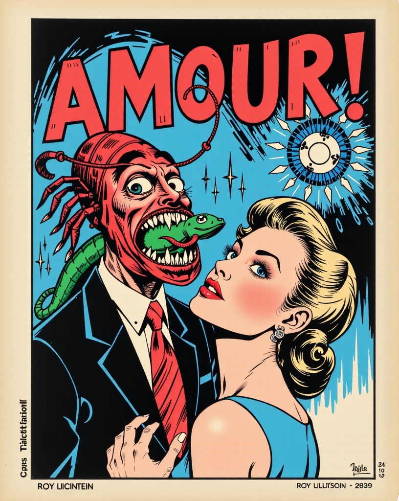 (_2 comic:-0.250) (_2 Advertising poster style:-0.250) (_2 Neon noir:-0.250) (_1 analog film photo:1.0) (_1 breathtaking:1.0) (_1 Architectural style:1.0) (Comic book style illustration by Roy Lichtenstein depicting a head's lobster and a suit and vomiting a green lezard and looking jealously at a tall blonde's face with an energetic text "AMOUR !" in large colored screen printing and fine black triads:2).
<lora:Flux_DetailsArchitecture_epoch_5:0.25> <lora:Flux_FuturArchitecture_epoch_5:0.75> <lora:Flux_DetailsNature_epoch_5:1> <lora:Flux_GustaveMoreau_epoch_5:1>  <lora:flux_abyss:0.25> <lora:Flux_artis 28.11A:0.25> <lora:Flux_DetailsRock_epoch_5:-0.25> <lora:Flux_Chimeras_epoch_5:1> <lora:colouring_experiment_analogue_FLUX:0.5>, LOW KEY photography, dramatic lighting, deep shadows, rich contrast, moody atmosphere, intense emotions, cinematic feel, mysterious ambiance, emphasizing shape and form, creating depth, evoking drama, storytelling through shadows, professional technique, JAPANESE TRADITIONAL art style, delicate lines, subtle colors, intricate details, dynamic compositions, cultural heritage, adds elegance and sophistication.((Clean lines, geometric shapes, minimalist, modern, architectural drawing, highly detailed):1.0).((award-winning, professional, highly detailed, high resolution, masterpiece):1.0).((faded film, desaturated, 35mm photo, grainy, vignette, vintage, Kodachrome, Lomography, stained, highly detailed, found footage):1.0).((Cyberpunk, dark, rainy streets, neon signs, high contrast, low light, vibrant, highly detailed):-0.250).((Professional, modern, product-focused, commercial, eye-catching, highly detailed):-0.250).((graphic illustration, comic art, graphic novel art, vibrant, highly detailed):-0.250)