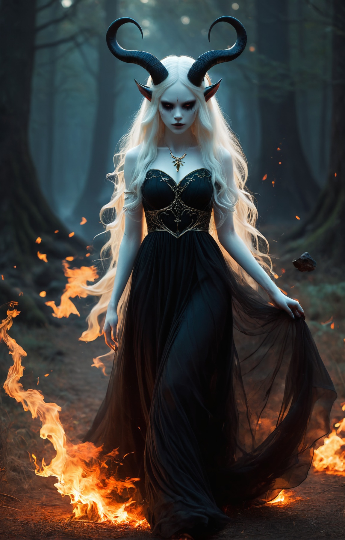 triadic colors, full body, solo, Legend of Zelda style art of a painting BREAK dark and moody head and shoulders shot of a beautiful female demon with deep black eyes, albino with very pale skin, long billowing hair blowing in the wind, floating fire particles, long floating sheer-black dress, (long intricate horns:1.2) <lora:WB2.2:0.6>, bleak, surreal fantasy, at night time, flickering lights, hazy, blurry BREAK inspired by Tadeusz Brzozowski, behance contest winner, geometric abstract art, vibrant tourism poster, setting sun, miro, amoled wallpaper<lora:xl_more_art-full_v1:0.5>, Vibrant, fantasy, detailed, epic, heroic, reminiscent of The Legend of Zelda series, <lora:xl_more_art-full_v1:.25>, cinematic lighting, (rim lighting, side lighting:1.4), bokeh, 4k