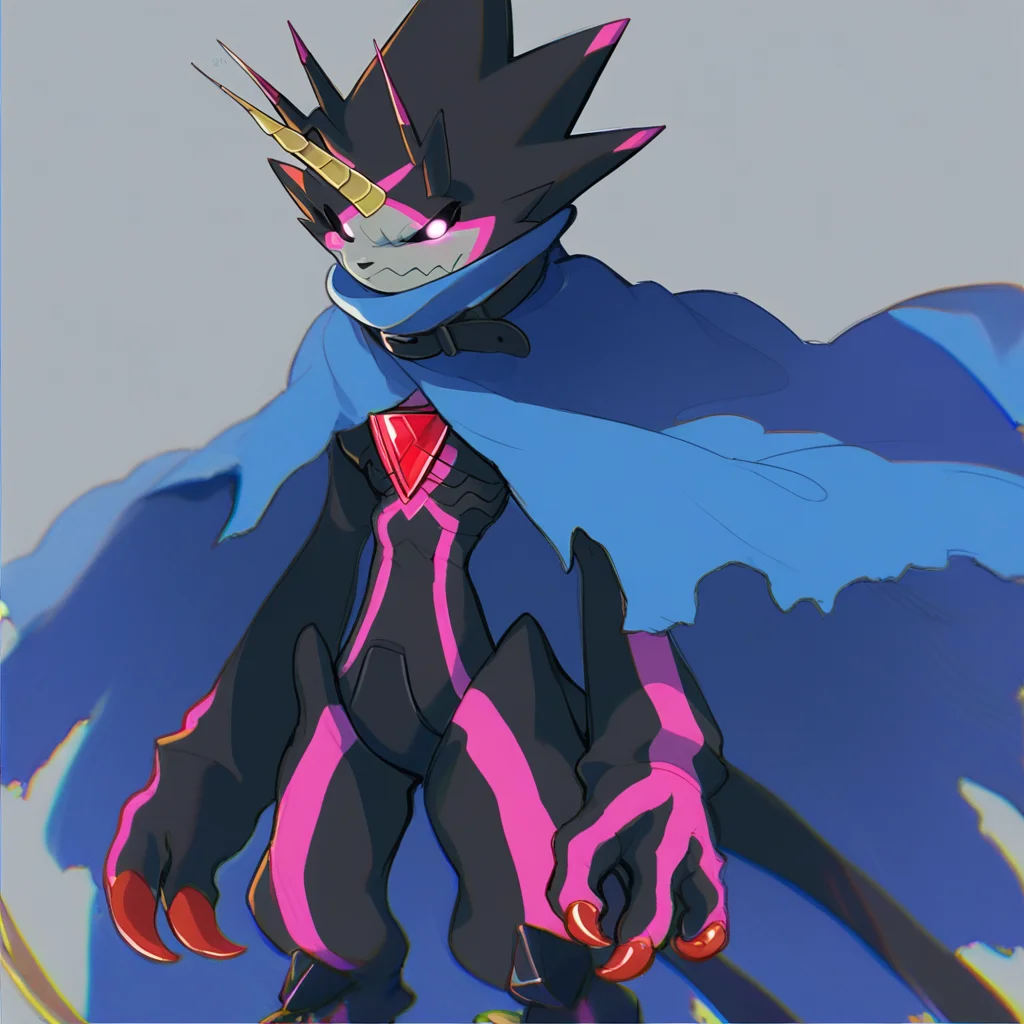 gulusgammamon (character), digimon (creature), 1boy, solo, anthro, scalie, black body, horns, no pupils, claws, glowing eyes, belt, cape, stinger tail, score_9, score_8, score_7_up, score_6_up, standing,3 fingers,