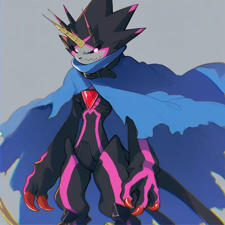 gulusgammamon (character), digimon (creature), 1boy, solo, anthro, scalie, black body, horns, no pupils, claws, glowing eyes, belt, cape, stinger tail, score_9, score_8, score_7_up, score_6_up, standing,3 fingers,