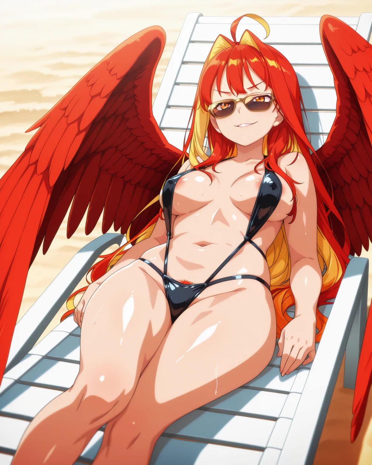 <lora:ATRex_style:1>,trexstyle,
anime coloring,anime screencap,
highres,best quality,masterpiece,
shiny skin,
BREAK
simple_background,beach,white beach chair,table,wind,
BREAK
<lora:Aphrodite_FATE_IL:0.8>,Aphroditelike,1girl,solo,ahoge,long hair,orange eyes,parted lips,medium breasts,multicolored hair,two-tone hair,red hair,blonde hair,very long hair,navel,cleavage,
wings,feathered wings,multiple_wings,red skulls on wings,red wings,
black slingshot swimsuit,navel,strap gap,breasts apart,areola slip,covered nipples,pubic hair peek,
on back,tanning,reclining,evil smile,sunglasses,
full body,