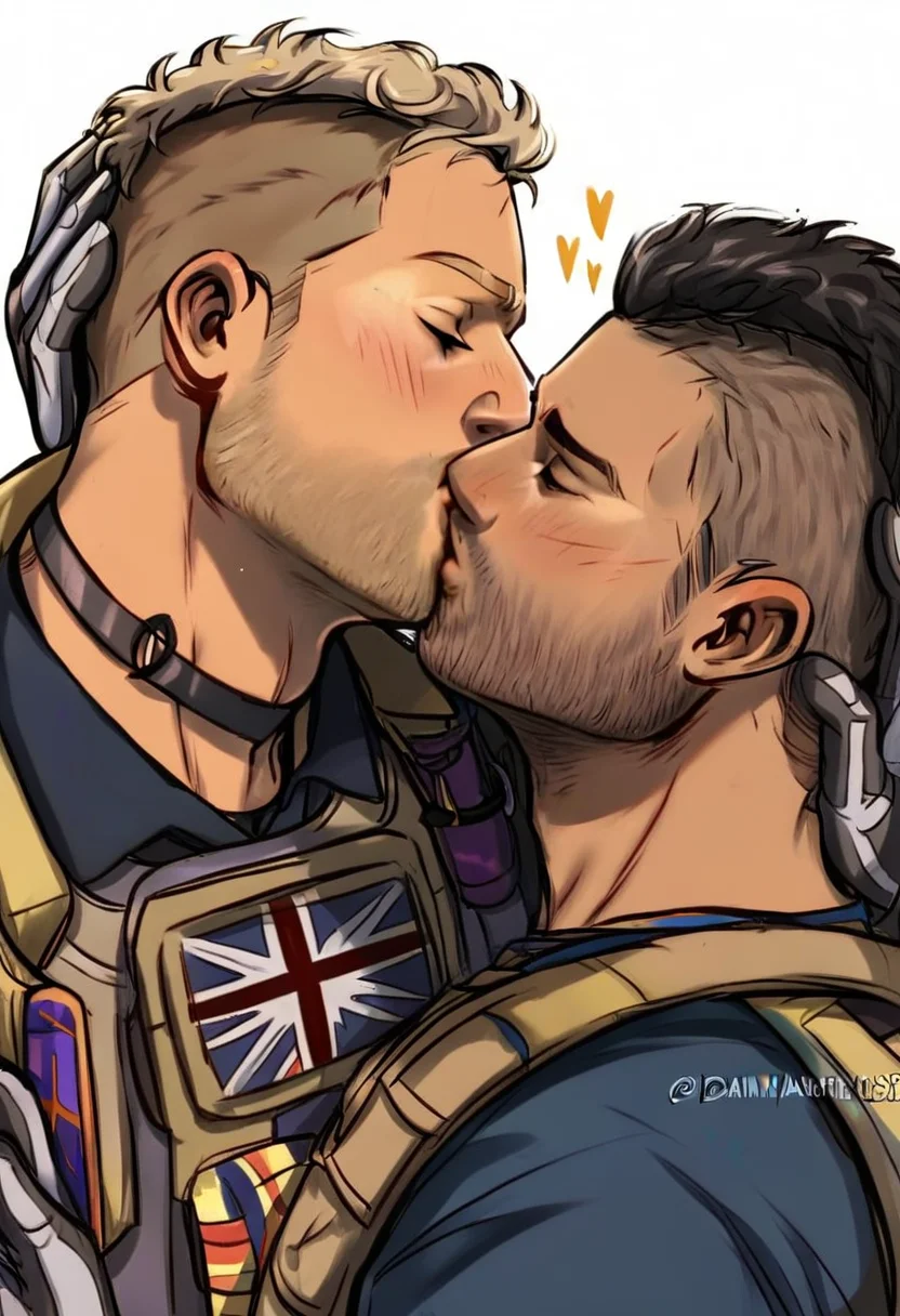 9_score,8_score_up,7_score_up,<lora:CODwarfareMalesPonyXL-000020:1>,soap (modern warfare 2),ghost (modern warfare 2),multiple boys,male focus,2boys,yaoi,bulletproof vest,facial hair,blonde hair,kiss,short hair,black hair,shirt,gloves,closed eyes,asymmetrical hair,undercut,black gloves,twitter username,couple,bara,sidecut,blush,choker,upper body,black shirt,black choker,jacket,muscular male,white background,mature male,