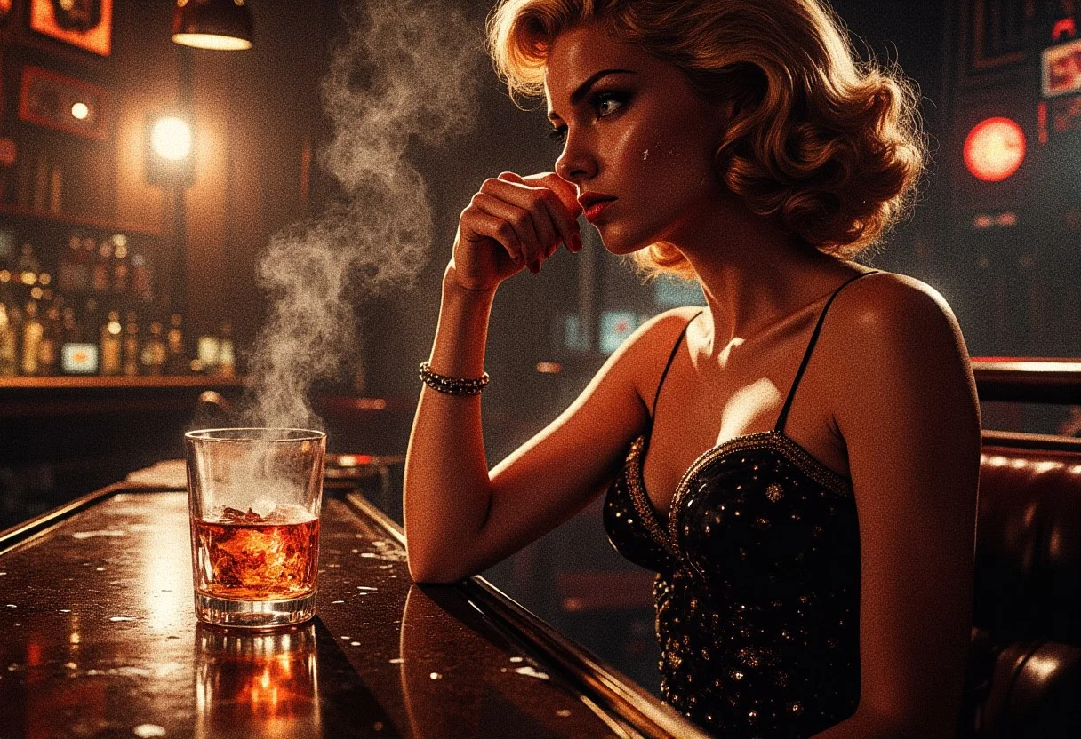 A sultry, dimly lit 1950s cocktail lounge, cigarette smoke swirling in the air, thick with the scent of bourbon and cheap perfume.  A lone, beautiful woman, her face framed by the soft, smoky light, sits at a polished bar, a single, amber-hued drink reflecting the melancholy in her eyes.  Her Mafia-style outfit, a tight, black silk dress adorned with delicate gold embroidery, contrasts starkly with the shadowy ambiance.  Her lips, a pale crimson, press against the ice in her glass, a silent tremor in her posture revealing a profound heartbreak.  A single tear trails down her cheek, a glistening pearl against the harsh shadows.  Her expression suggests a desperate longing – her gaze, fixed on an empty space before her, evokes a question: Did love, like a fleeting glimpse of starlight past a window, pass her by?  The muted jazz music from a nearby corner fades into the background, a mournful melody mirroring the girl's despair.  Each polished surface mirrors the unspoken story etched on her face.