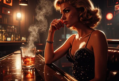 A sultry, dimly lit 1950s cocktail lounge, cigarette smoke swirling in the air, thick with the scent of bourbon and cheap perfume.  A lone, beautiful woman, her face framed by the soft, smoky light, sits at a polished bar, a single, amber-hued drink reflecting the melancholy in her eyes.  Her Mafia-style outfit, a tight, black silk dress adorned with delicate gold embroidery, contrasts starkly with the shadowy ambiance.  Her lips, a pale crimson, press against the ice in her glass, a silent tremor in her posture revealing a profound heartbreak.  A single tear trails down her cheek, a glistening pearl against the harsh shadows.  Her expression suggests a desperate longing – her gaze, fixed on an empty space before her, evokes a question: Did love, like a fleeting glimpse of starlight past a window, pass her by?  The muted jazz music from a nearby corner fades into the background, a mournful melody mirroring the girl's despair.  Each polished surface mirrors the unspoken story etched on her face.