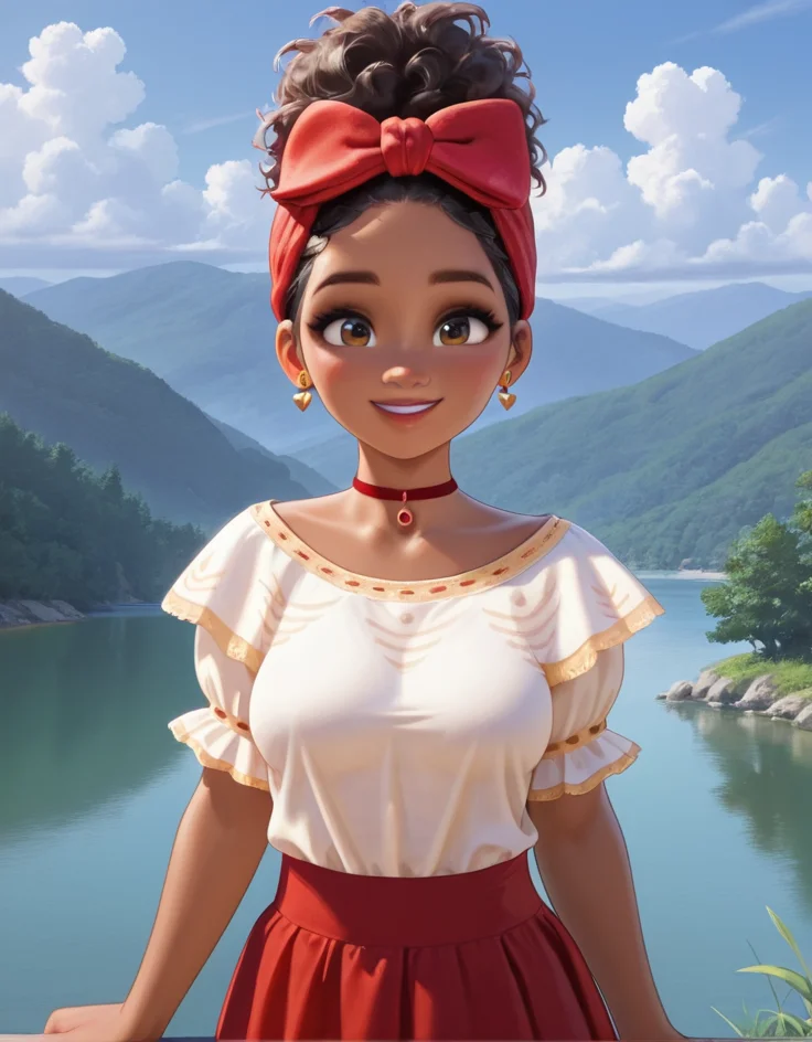 masterpiece, best quality, amazing quality, very aesthetic, absurdres, newest, detailed background, 4k, 8k, outdoors, realistic,
doloresxd, 1girl, dark skin, dark-skinned female, solo, earrings, jewelry, smile, outdoors, black hair, hair bow, medium breasts, wjite shirt, red skirt, puffy short sleeves, choker, red bow, day, cloud, sky, river, lake, nature, looking at viewer,
<lora:Dolores_Madrigal_-_Disney_Illustrious:1>