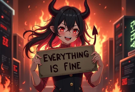 Grinning Anime devil girl holding a sign that says "Everything is fine" while computer equipment is burning around her