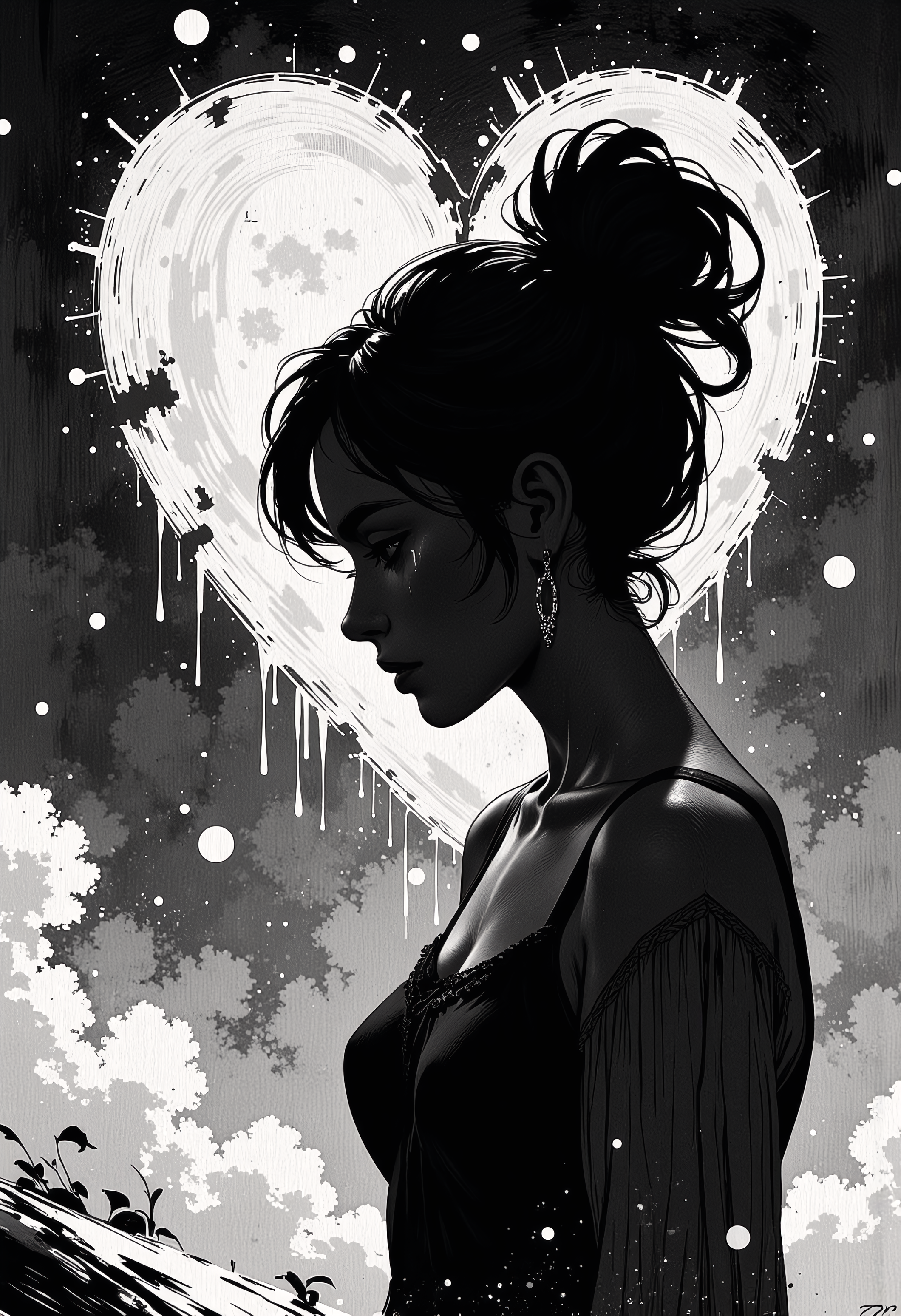 Black and white vintage postcard with a silhouette of a woman crying against the background of a broken heart, it's snowing, it's depressing, painting. Nothing can warm the soul, When the heart is broken. Wanders lonely like a doll. All the questions unspoken.