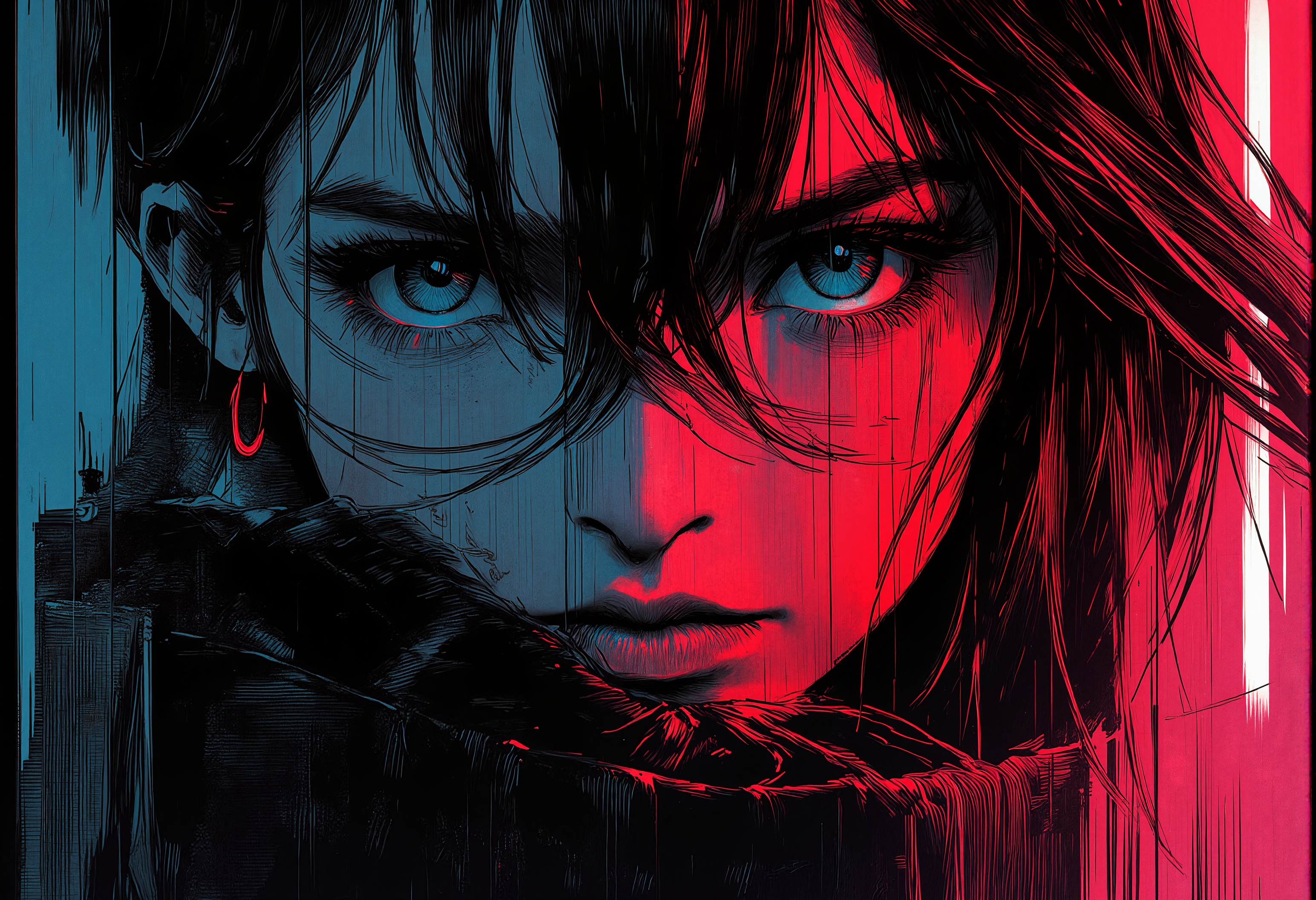 bv-anibrush, xslx scribble. A close-up of a strikingly beautiful young woman in a dark, futuristic dystopian cityscape at night, her salt and pepper hair flowing slightly disheveled, blending into the shadows. The faint glow of distant neon signs reflects off her sharp facial features. Her glowing eyes pierce through the surrounding darkness, capturing a sense of intensity and focus. The camera focuses on her face and hair, highlighting her determined expression and the subtle roughness of the art style with sketch-like textures, seen from slightly from behind, her hair framing her face as she looks over her shoulder, <lora:bv-anibrush-v1-flux.safetensors:1.0:1.0> <lora:Risograph_Style_FLUX_by_Ethanar-000001.safetensors:1.0:1.0> <lora:scribble-flux-v1.safetensors:0.5:0.5>