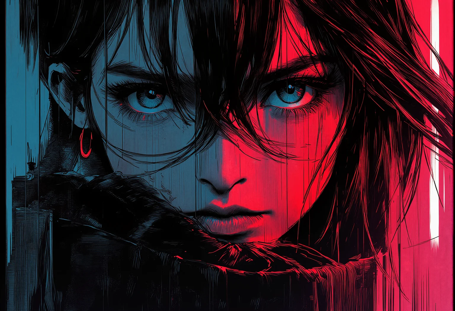 bv-anibrush, xslx scribble. A close-up of a strikingly beautiful young woman in a dark, futuristic dystopian cityscape at night, her salt and pepper hair flowing slightly disheveled, blending into the shadows. The faint glow of distant neon signs reflects off her sharp facial features. Her glowing eyes pierce through the surrounding darkness, capturing a sense of intensity and focus. The camera focuses on her face and hair, highlighting her determined expression and the subtle roughness of the art style with sketch-like textures, seen from slightly from behind, her hair framing her face as she looks over her shoulder, <lora:bv-anibrush-v1-flux.safetensors:1.0:1.0> <lora:Risograph_Style_FLUX_by_Ethanar-000001.safetensors:1.0:1.0> <lora:scribble-flux-v1.safetensors:0.5:0.5>
