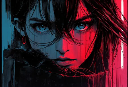 bv-anibrush, xslx scribble. A close-up of a strikingly beautiful young woman in a dark, futuristic dystopian cityscape at night, her salt and pepper hair flowing slightly disheveled, blending into the shadows. The faint glow of distant neon signs reflects off her sharp facial features. Her glowing eyes pierce through the surrounding darkness, capturing a sense of intensity and focus. The camera focuses on her face and hair, highlighting her determined expression and the subtle roughness of the art style with sketch-like textures, seen from slightly from behind, her hair framing her face as she looks over her shoulder, <lora:bv-anibrush-v1-flux.safetensors:1.0:1.0> <lora:Risograph_Style_FLUX_by_Ethanar-000001.safetensors:1.0:1.0> <lora:scribble-flux-v1.safetensors:0.5:0.5>