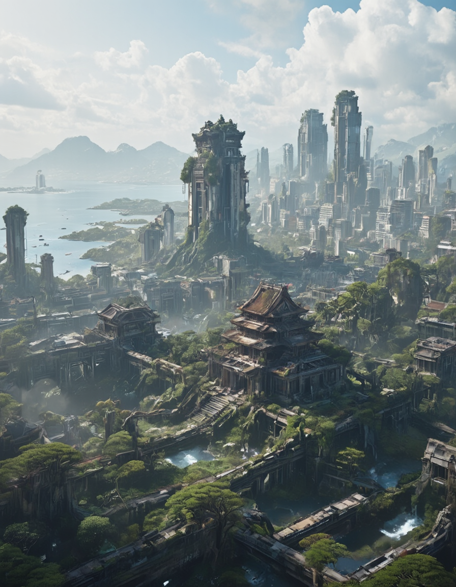 <lora:SWL_Stations1flux:1> lostst1, photo, cyberpunk, sea, abandoned cityscape, aerial view, scientific complex, old asian temple